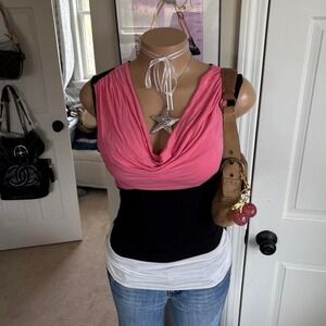 y2k 2000s avant garde pink black colorblock cowl neck ruched tank top